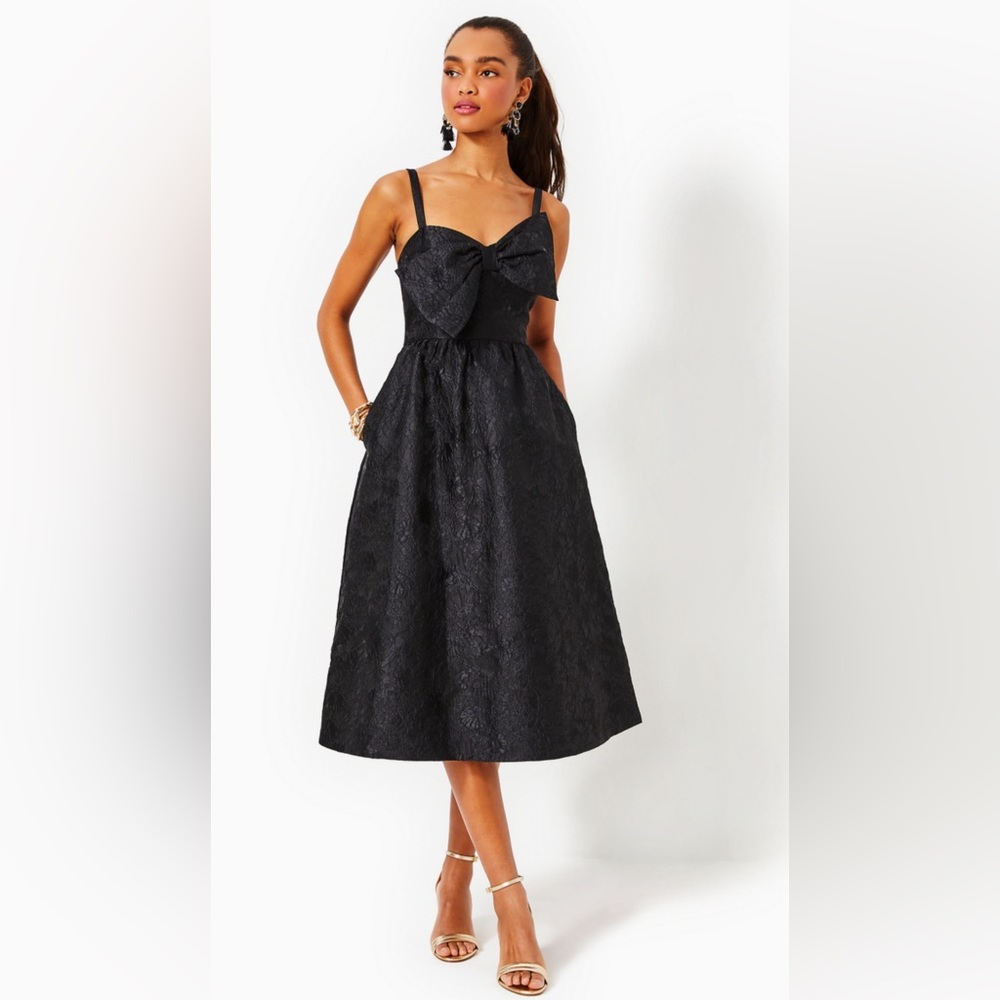 LILLY PULITZER Ellara Jacquard midi bow dress in Onyx black